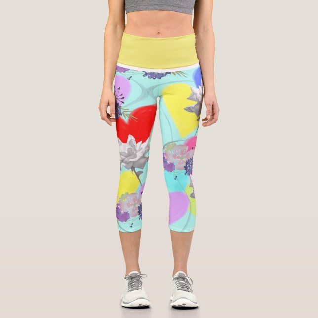 Leggings Capri Coeurs et fleurs avec Arrière - plan Aqua (Recto)