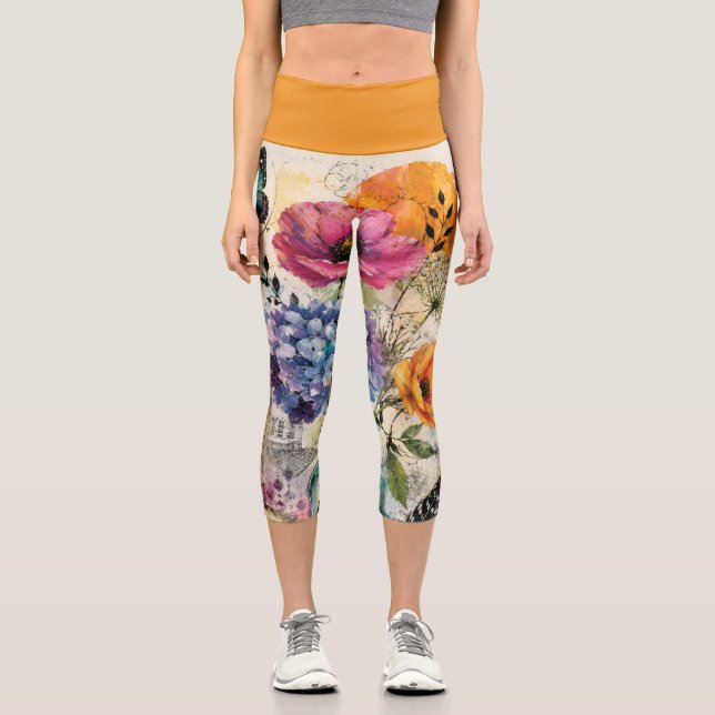 Leggings Capri Collage d'art mixte botanique vibrant (Recto)