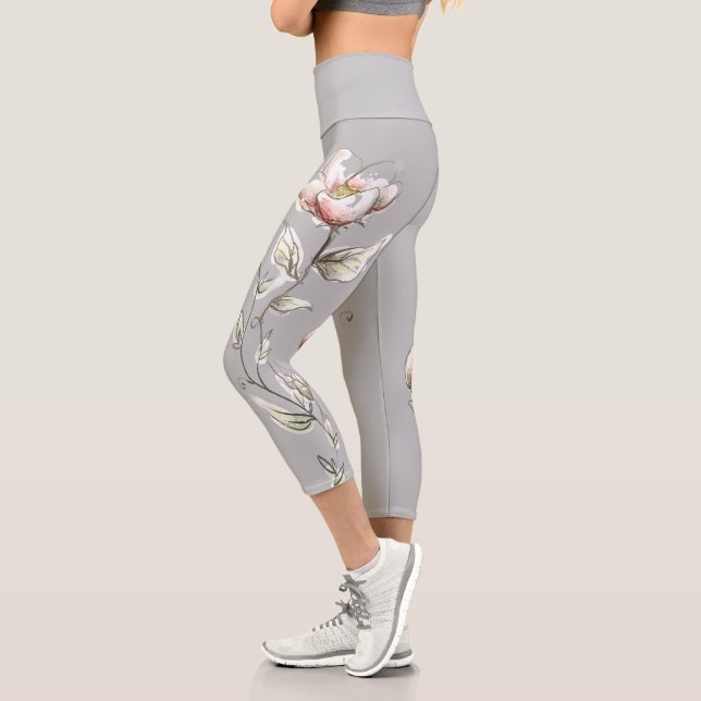 Leggings Capri Collants Capri à branche fleurie grise (Gauche)