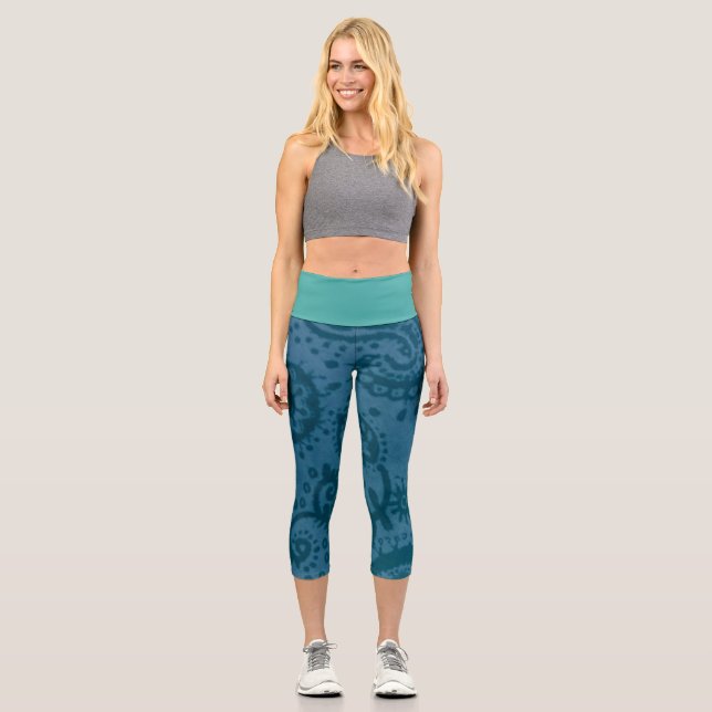 Leggings Capri Collants Capri Bleu Paisley Taille Haute MEDIUM (Recto)