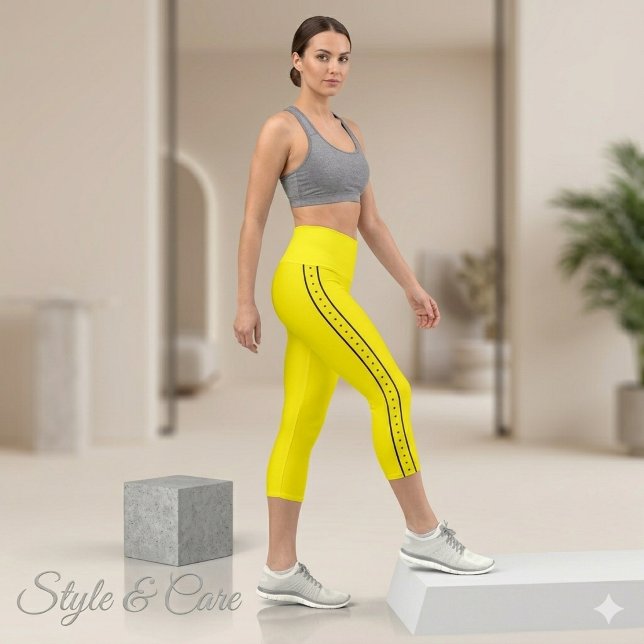 Leggings Capri Collants Capri Jaune Citron avec Rayure Latérale N (Lemon Yellow Capri Leggings with Black Side Stripe)
