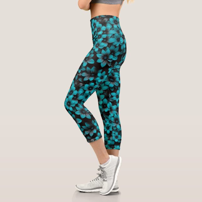 Leggings Capri Collants Floraux Turquoise (Gauche)