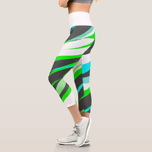 Leggings Capri Collants funky d'art abstrait bleu turquoise vert (Gauche)