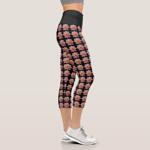 Leggings Capri Collarette rose Dahlia motifs floraux sur noir