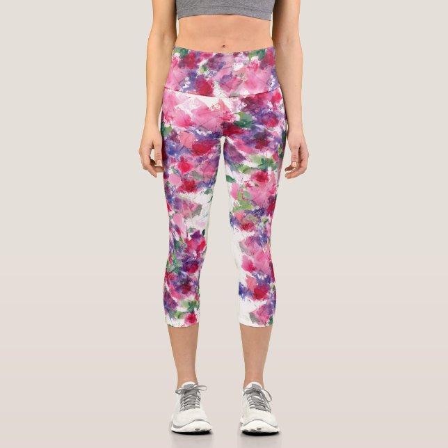Leggings Capri Composant floral bleu et rouge Abstrait (Recto)