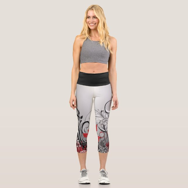 Leggings Capri Conception de feuille grise, noire et rouge élégan (Recto)