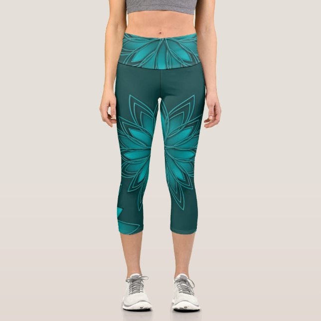 Leggings Capri Conception de mandala à feuilles sarcelles sur fon (Recto)