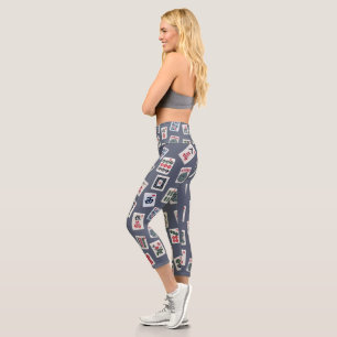 Leggings Capri conception de tuiles de MahJongg sur fond bleu fon