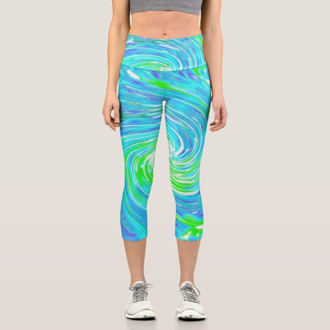 Leggings Capri Cool Abstrait Retro Aqua et Lime Green Swirl (Recto)