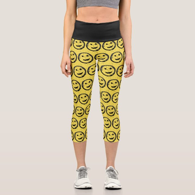 Leggings Capri Cool Sardé Joyeux visage souriant motif jaune (Recto)