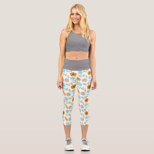 Leggings Capri Coquillages Bleus Serpent de mer Orange Fleur (Recto)
