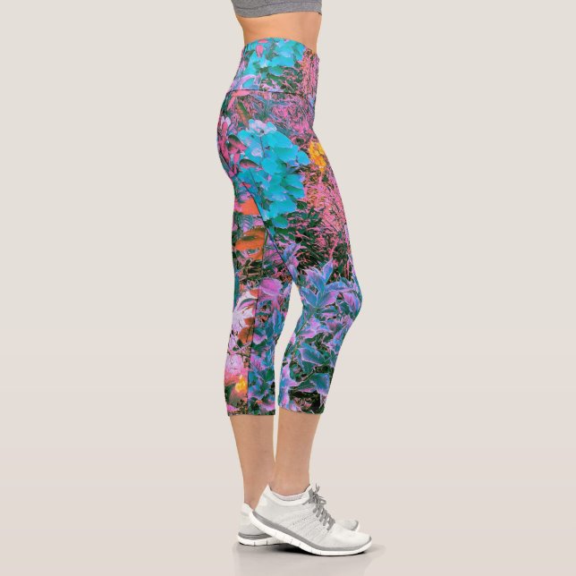 Leggings Capri Corail abstrait, feuillage de jardin rose vert et  (Droite)