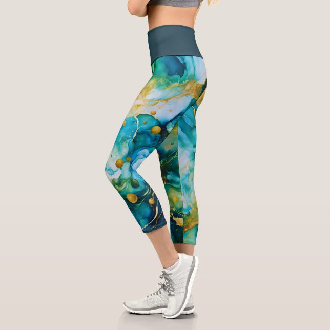 Leggings Capri Cosmos d'encre d'alcool bleu vert or (Gauche)