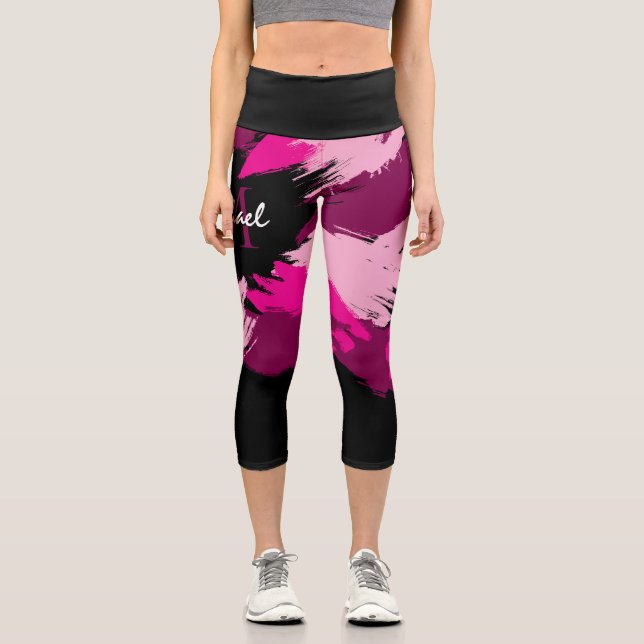 Leggings Capri Coups de pinceau nuances de rose chaud nom avec mo (Recto)