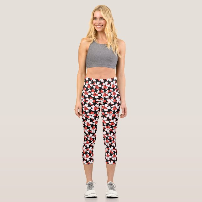 Leggings Capri Couvre interrupteur à motifs de fleurs rouges et b (Recto)