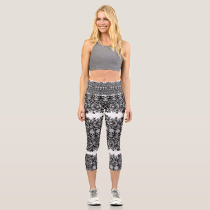 Leggings Capri Crâne de sucre gothique floral noir et blanc