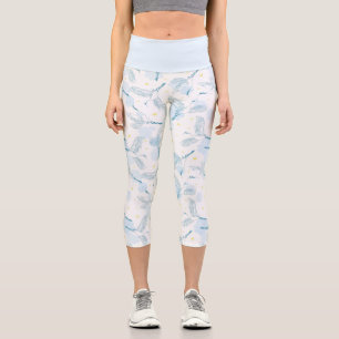Leggings Capri Crane Oiseaux Jaunes Étoiles Bleu Blanc