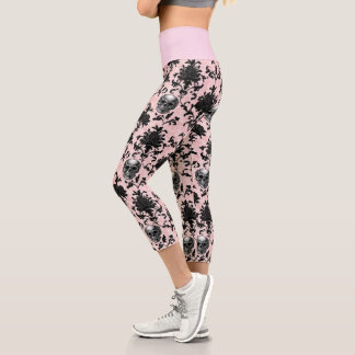 Leggings Capri Crânes et roses gothiques roses et noirs