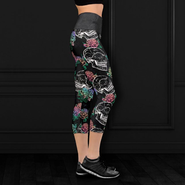 Leggings Capri Crânes et Roses Ombre | Gothique Glam Pastel Grung (Créateur téléchargé)