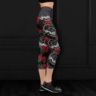 Leggings Capri Crânes et roses rouges   Grunge gothique moderne