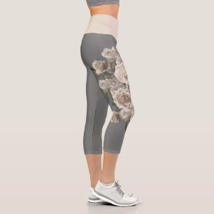 Leggings Capri crème rose vintage rose élégant gris floral