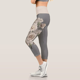 Leggings Capri crème vintage rose rose élégant floral sur gris