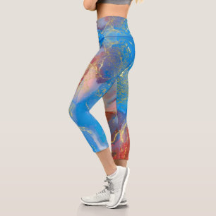 Leggings Capri Crimson, Blush, Blue and Gold Marbled Alcohol Ink