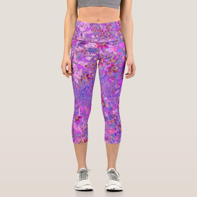 Leggings Capri Crimson coloré, Fleurs sauvages magenta et bleu (Recto)