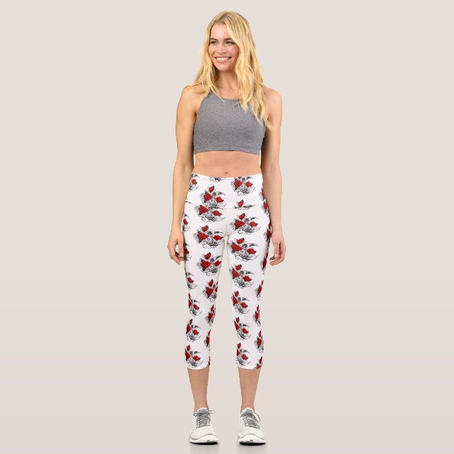 Leggings Capri Croissant mécanique avec roses rouges (Recto)