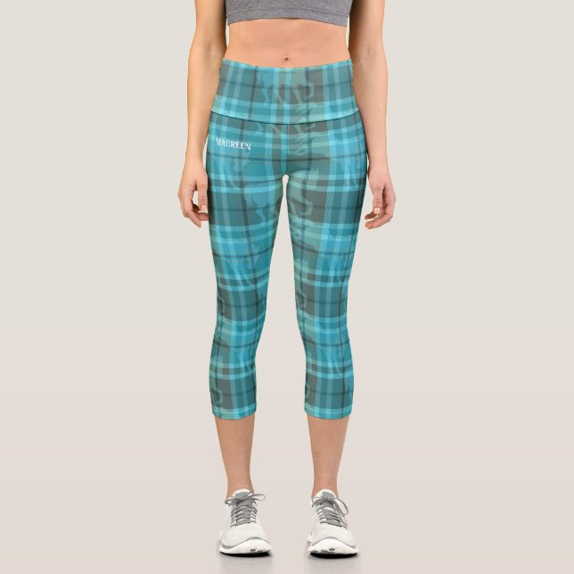 Leggings Capri Custom preppy aqua blue turquoise horse tartan  (Recto)