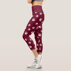 Leggings Capri Cute Empreintes de pattes blancs Motif Bourgogne