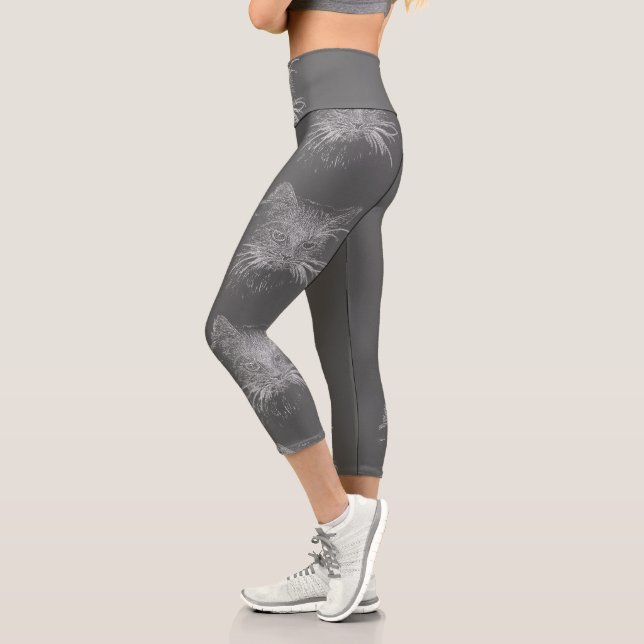 Leggings Capri Cute Funky Chat Kitten Eyes Face Sketch (Gauche)