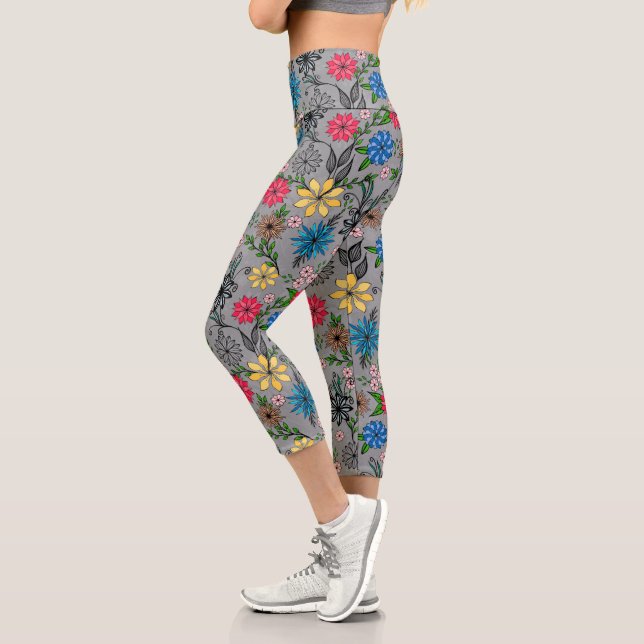 Leggings Capri Cute Girl rose bleu et jaune gris floral design (Gauche)