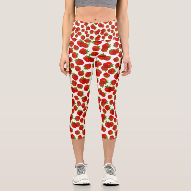 Leggings Capri Cute Red Strawberry Green Feuille Motif de fruits (Recto)
