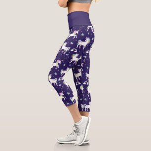 Leggings Capri Cute Violet Arc-En-Ciel Coeurs Et Étoiles Unicorne