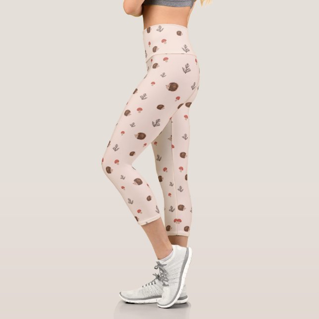 Leggings Capri Cute Woodland Hérisson et Motif de champignons (Gauche)