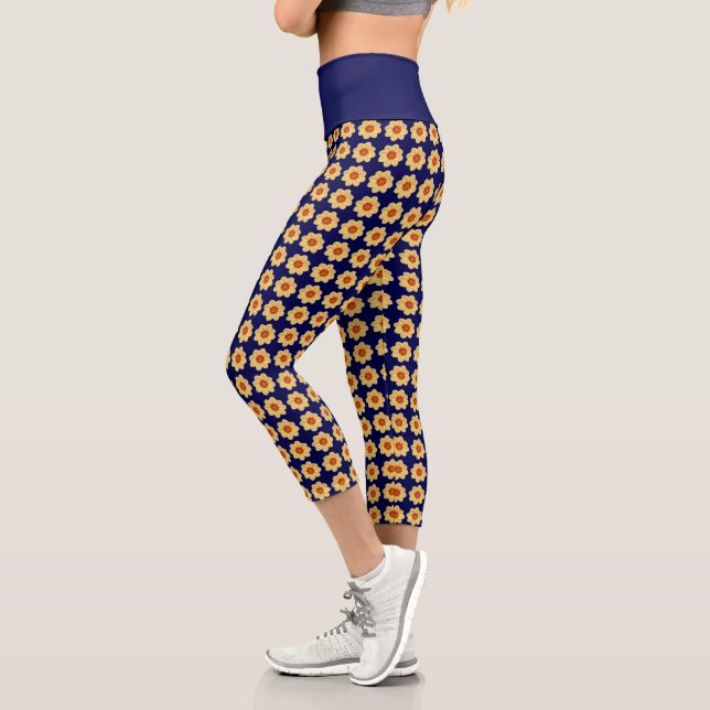 Leggings Capri Dahlia jaune motif floral sur bleu (Gauche)