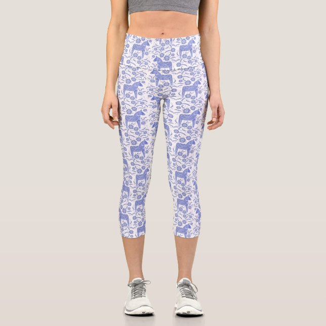 Leggings Capri Dala Horse Motif suédois Indigo bleu et blanc (Recto)