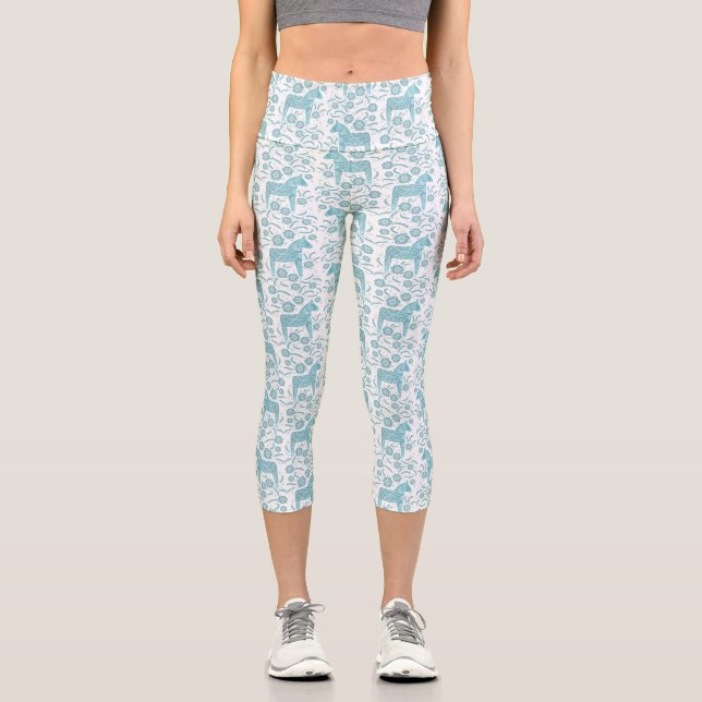 Leggings Capri Dala Horse suédois Turquoise et Motif blanc (Recto)
