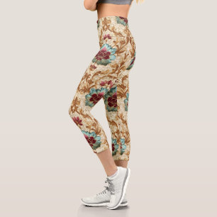 Leggings Capri Damassé floral vintage en turquoise et burgundy
