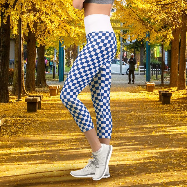 Leggings Capri Damier Bleu Nuit Blanc (Checkerboard Navy Blue White Capri Leggings)