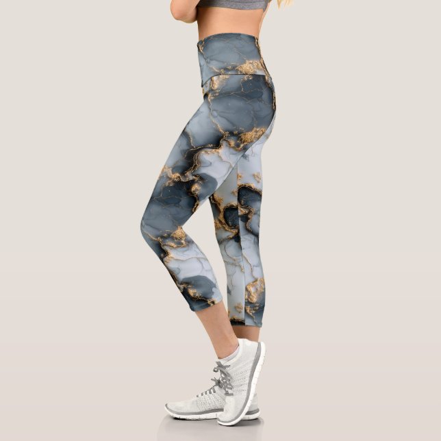 Leggings Capri Dark Blue Marble Texture with Liquid Gold Veins (Gauche)