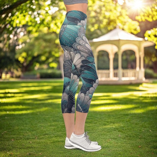 Leggings Capri Déclaration Ventilateurs d'Argent Bleu Art Nouveau (Créateur téléchargé)