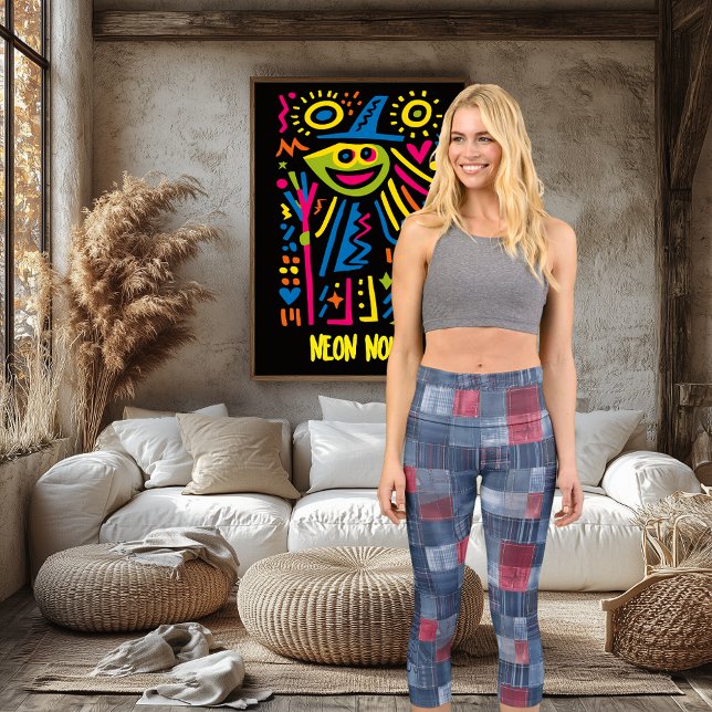 Leggings Capri Denim patchwork rouge et bleu | Motif rustique mod (Créateur téléchargé)