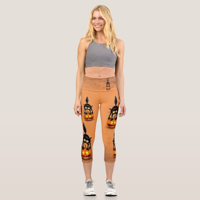 Leggings Capri Dessin d'Halloween au chat effrayé sur Citrouille (Recto)
