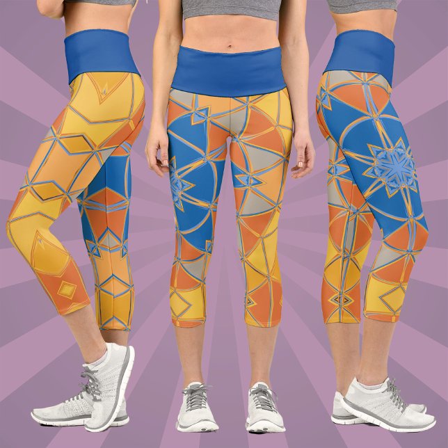 Leggings Capri Dessin Mandala bleu orange et jaune (Créateur téléchargé)