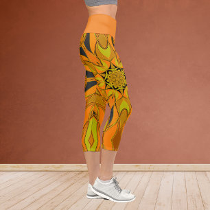 Leggings Capri Dessin Mandala Fleur jaune orange et bleu