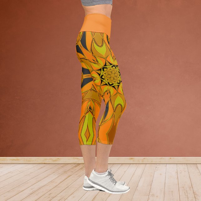 Leggings Capri Dessin Mandala Fleur jaune orange et bleu (Créateur téléchargé)