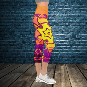 Leggings Capri Dessin Mandala Fleur Jaune Orange et Rose