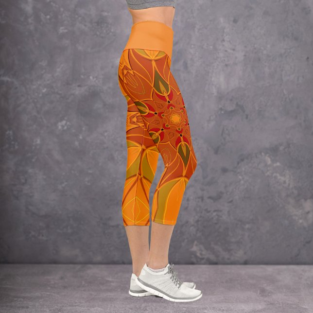 Leggings Capri Dessin Mandala Fleur orange et rouge (Créateur téléchargé)